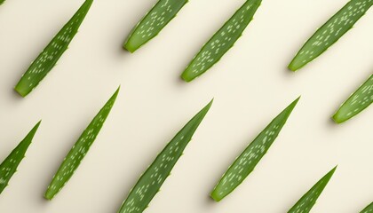 Minimalist aloe vera plants in soft green, evenly spaced on a cream backdrop for a clean and natural healing pattern