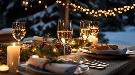 A Christmas table set for a festive feast, with candles, evergreen garlands, and sparkling wine glasses outdoor In the middle of the background snow scenery