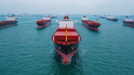 Three massive cargo ships in formation on the open ocean, showing maritime industry, transportation, and global trade.