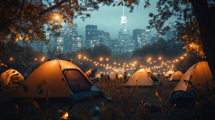 Wall Mural - Cozy evening camping scene with illuminated tents and string lights in a forest festival setting.