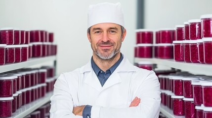 Confident food industry professional standing in production facility with containers of berry products.