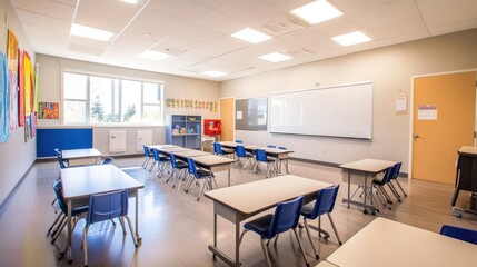 Poster - A brightly lit, modern classroom with desks neatly arranged and a whiteboard at the front, ready for students.