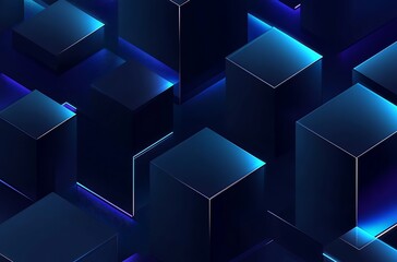 Dark futuristic background with black cubes and blue lighting in a gradient style.