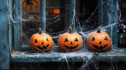 Wall Mural - Halloween decorations with pumpkins and spider webs