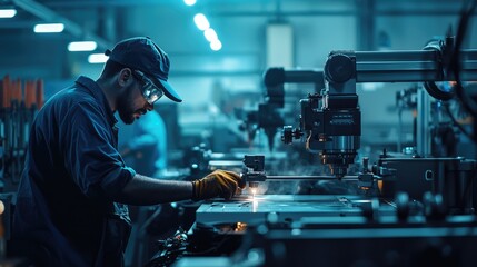 Poster - A skilled worker operating machinery in a modern factory, showcasing precision and focus in a well-lit industrial environment.