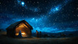 © jutarat - The nativity scene with Jesus Christ as a newborn in the manger, surrounded by Mary, Joseph, and the shepherds under a starry sky