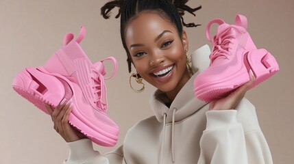 Woman is holding two pink shoes and smiling. The shoes are designed to look like they are made of fabric