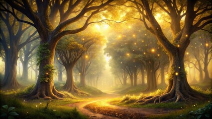 Wall Mural - mystical forest with golden light, majestic trees, enchanting rays, serene atmosphere, mystical, for