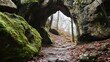 © Bijac - natural rock woodland arch framed against a clean white background, showcasing the moss-covered boulders and inviting entrance of a secluded cave, highlighting earthy tones