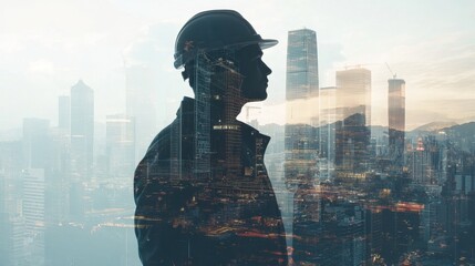 Poster - A building engineer with blueprints overlaid on a city skyline and construction site in double exposure, creating a powerful representation of architectural development.