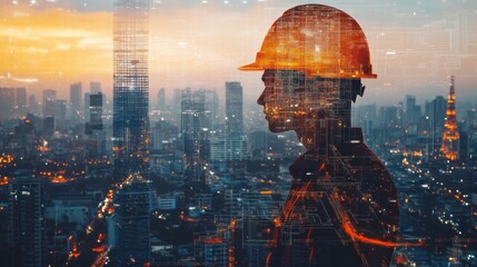 Poster - A building engineer with blueprints overlaid on a city skyline and construction site in double exposure, creating a powerful representation of architectural development.