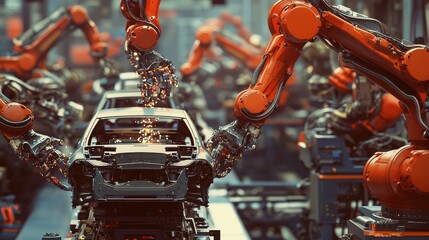 Poster - An automated factory scene showcasing robotic arms assembling cars in a modern automotive production line.