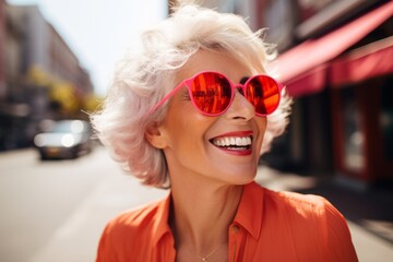 summer holidays, vacation, travel and people concept - smiling senior woman in sunglasses over city street background