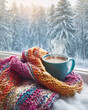 © Nei Mar - Steaming mug of hot chocolate wrapped in bright knitted blanket, snowy forest view