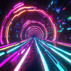 Fototapete - A vivid, abstract representation of a colorful tunnel with neon lights, creating a sense of motion and depth in a futuristic setting.