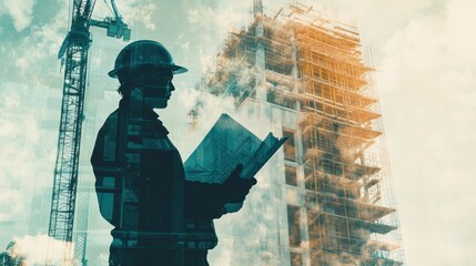 Poster - A double exposure image of a construction worker holding blueprints, overlaid with a building under construction, creating a banner image for engineering and architecture