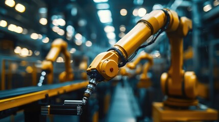 Poster - Close-up of a robotic arm in an industrial setting, showcasing advanced technology and automation in a manufacturing environment.