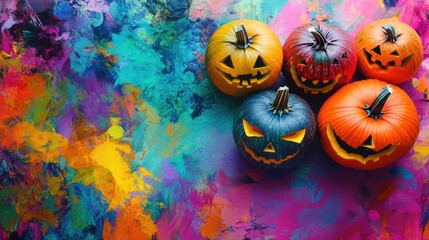 Canvas Print - Colorful pumpkins on a vibrant background with a creative Halloween theme