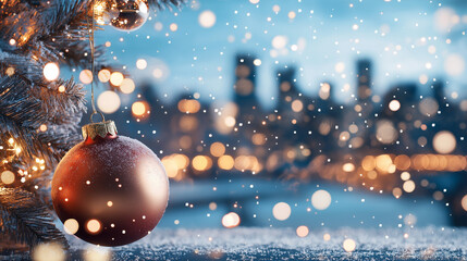 Christmas ornaments and a cityscape at night, glowing decorations merging with the skyline