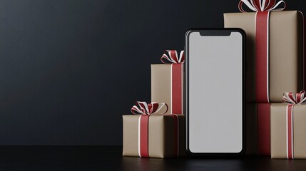Poster - Photorealistic with side space for letters Blank smartphone mock-up propped up on a stack of gift boxes with red and white bows Stock Photo with copy space