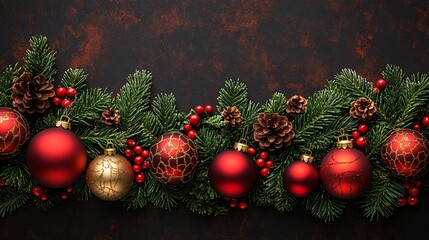 Poster - Photorealistic with side space for letters Card mock-up on a table surrounded by festive greenery and colorful holiday baubles Stock Photo with copy space
