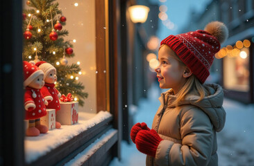 girl looking at christmas shop window standing on festive winter street