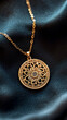 © Bi - Elegant gold pendant necklace resting on dark fabric, showcasing intricate design. relax and free mind concept