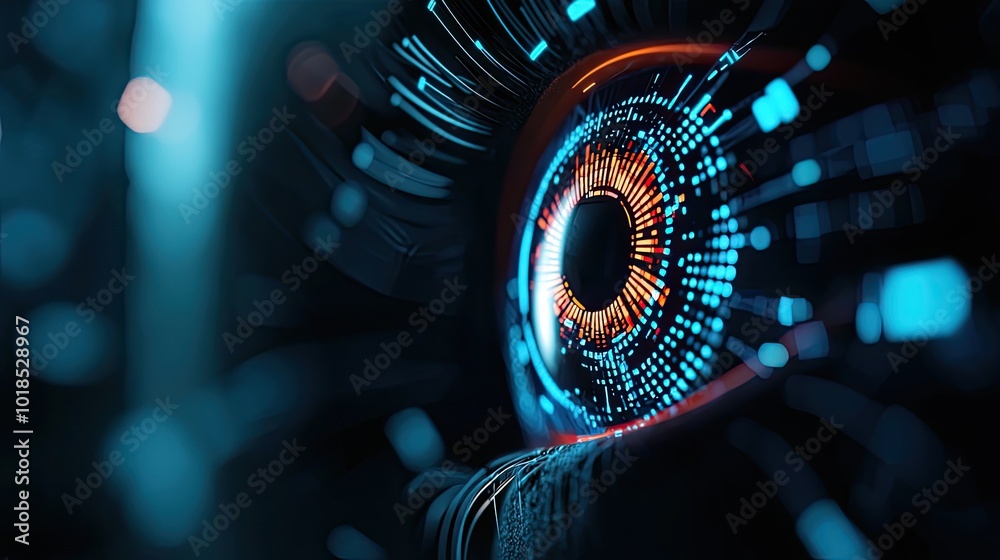 Futuristic digital eye with glowing circuits on a dark background ...
