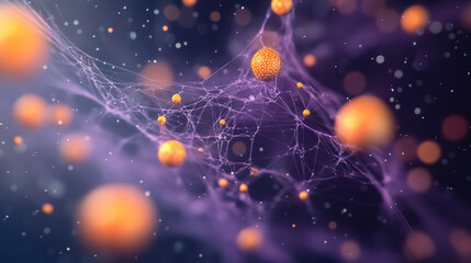 Microscopic image of orange spherical particles suspended in web like structure, showcasing intricate details and vibrant colors. scene evokes sense of wonder and exploration in microscopic world