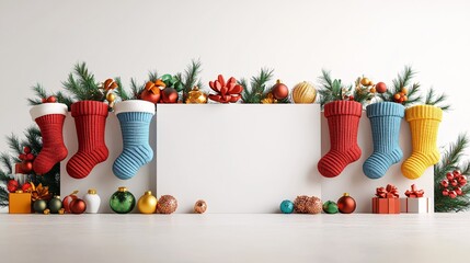 Poster - Isolated on white background with side space for letters 3d-render clay style colorful stockings and mittens arranged around a blank sign for festive greetings Stock Photo with copy space