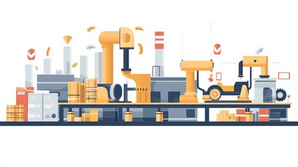 Poster - Illustration of an automated factory showcasing robotic arms and machinery in a dynamic and productive environment.