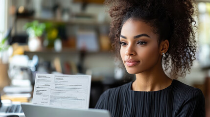 Poster - Focused Businesswoman Using Laptop for Invoice Preparation in Modern Office Setting