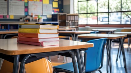 Poster - A quiet classroom with textbooks stacked on the teacher desk and chairs pushed under the desks, reflecting learning spaces.