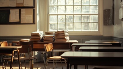 Poster - A quiet classroom with textbooks stacked on the teacher desk and chairs pushed under the desks, reflecting learning spaces.