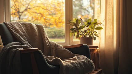 Sticker - A quiet corner by the window with a comfy chair and a soft blanket, inviting a moment of peaceful rest.