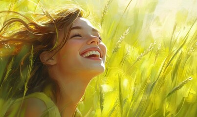 A woman laughs in a field of tall grass.