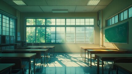 Poster - A quiet, empty anime-style high school classroom with sunlight streaming through the large windows.