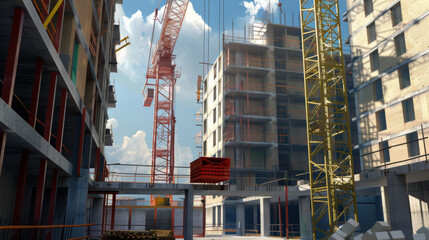 vibrant construction site showcasing cranes and scaffolding under bright blue sky. scene captures dynamic atmosphere of urban development and progress