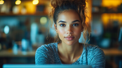 Poster - Focused Young Woman Using Computer with Invoice Form on Screen in Cozy Office Environment for Online Business, Finance or Accounting Concept