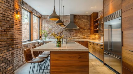 Modern kitchen featuring warm wood accents, brick wall, stylish pendant lights, and ample natural light for a cozy atmosphere.