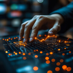 Poster - Close-Up of Hand Interacting with Futuristic Digital Interface Featuring Data Visualization and Shopping Cart Icons, Depicting E-commerce and Technology Concepts