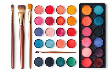 Poster - Minimalist depicting a simple  clean design of essential watercolor painting art supplies and equipment  including a watercolor palette  paintbrushes  and paper pad