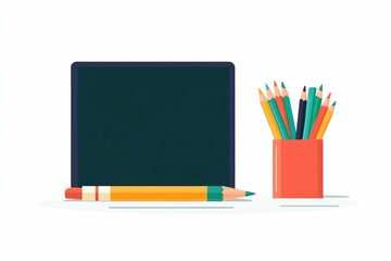 Poster - Simple and clean icon design featuring a pencil sharpener set of colored pencils and a sketchpad or notepad all isolated on a plain white background  Represents basic office school
