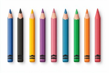 Poster - Vibrant arrangement of crayons and colored pencils in a minimalist style  isolated on a clean white background  This depicts various art supplies and stationery items  perfect for education  design