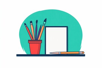 Poster - A simple  modern icon depicting an art journal  paintbrush  and set of colored pencils arranged on a clean  minimalist white background  Represents the tools and equipment used for creative writing