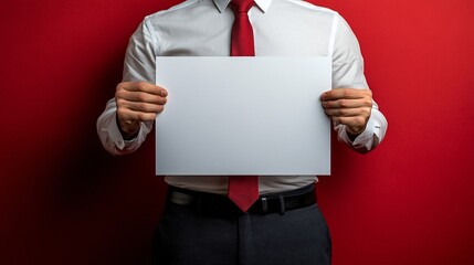 Isolated on Red color background with side space for letters Business person wearing a holiday tie holding a blank board for promotional offers Stock Photo with copy space