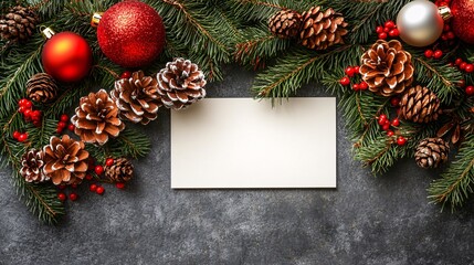 Poster - Photorealistic with side space for letters Card mock-up with a festive pine cone border and blank space for custom messages Stock Photo with copy space