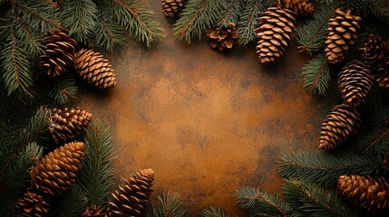 Poster - Photorealistic with side space for letters Card mock-up with a festive pine cone border and blank space for custom messages Stock Photo with copy space