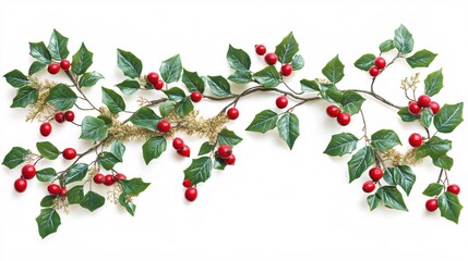 Poster - Photorealistic with side space for letters Blank card mock-up with sprigs of holly and gold tinsel arranged in a festive layout Stock Photo with copy space