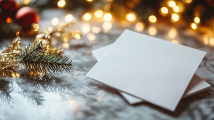 Poster - Photorealistic with side space for letters Blank card mock-up with sprigs of holly and gold tinsel arranged in a festive layout Stock Photo with copy space